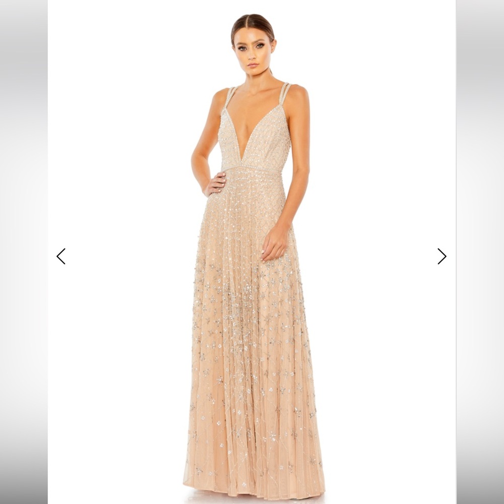 Mac Duggal 93701 - Plunging V-Neck A-Line Dress Color: Nude/Silver, Size, 10 NWT